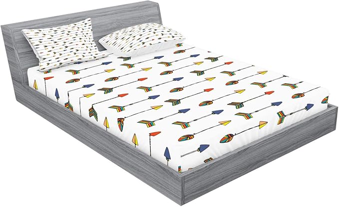 Ambesonne Arrow Fitted Sheet & Pillow Sham Set, Colorful Graphic with Hand Drawn Arrow Retro Native Apache Folk, Decorative Printed 3 Piece Bedding Decor Set, King, Yellow Multicolor