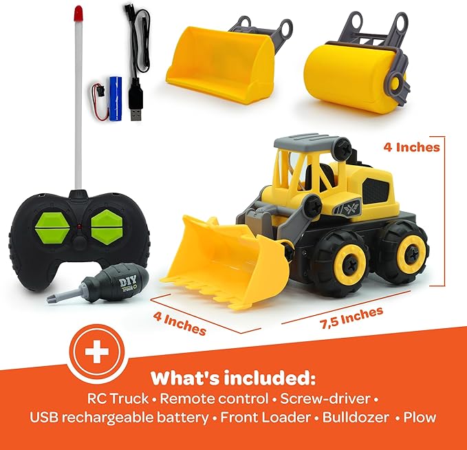 3-in-1 Build N Drive RC Truck - Take Apart Toy Building Kit for Boys - 20pc STEM Set, Car Building Toys for Kids 3-6 - Front Loader, Bulldozer and Plow Trucks