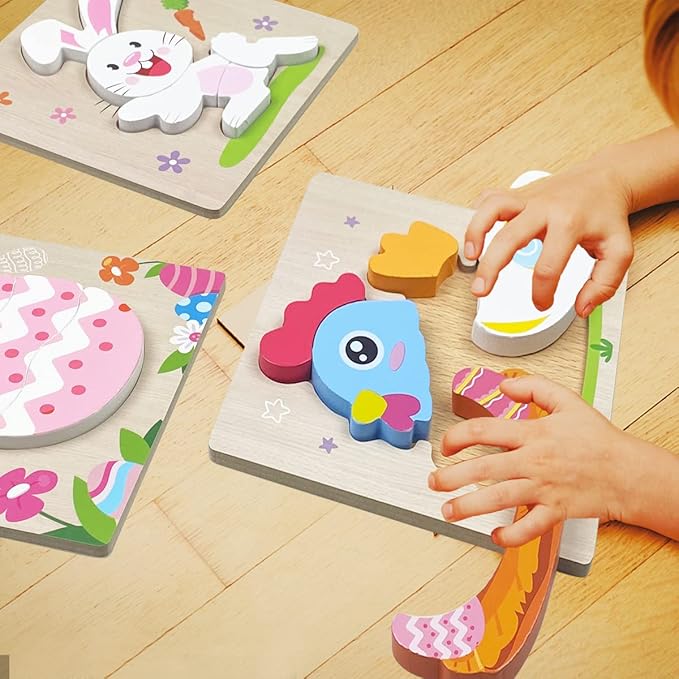 Anditoy 4 Pack Easter Wooden Puzzles for Kids Toddlers Easter Toys Easter Basket Stuffers Gifts Party Favors