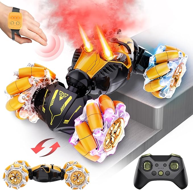 Gesture Sensing RC Stunt Car with Spray, Boys Toys Age 5-12 Year Old, 4WD 360° Rotating Remote Control 2.4Ghz Hand Controlled Car with Light & Music A