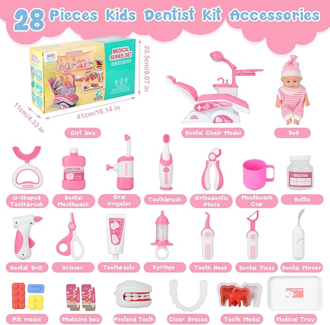 Doctor Kit for Toddlers 3-5, 28 Pcs Kids Dentist Set for Girls Boys Gift, Pretend Medical Kit With Chair, Dental Tools, Cute Doll, Role Play Dentist Gift for Birthday Christmas (Pink)