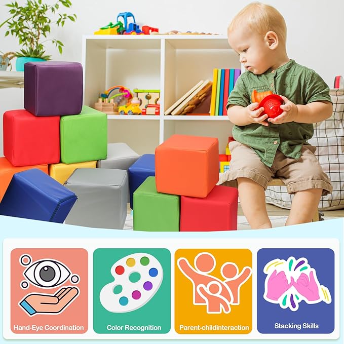 16 PCS Foam Blocks PU Leather Soft Building Play Soft Cubes for Kids Colourful Foam Stacking Blocks for Indoor or Outdoor Play-Set Preschool Learning