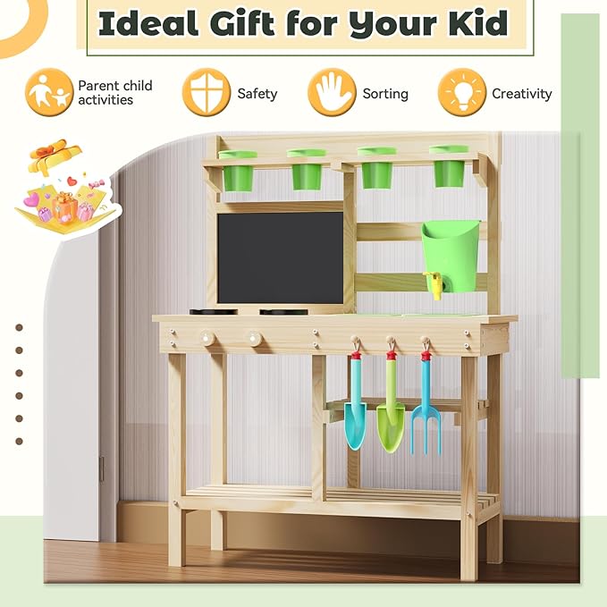Cedar Wood Outdoor Play Kitchen for Kids, Mud Kitchen with Water Faucet, Dual-Sided Chalkboard, Storage Shelves, Cups, Removable Sink, and Pretend Stove – Backyard Toddler Playset for Boys and Girls