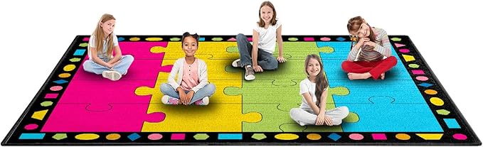 Booooom Jackson Classroom Rug 16 Seats 6'5"x8'5" Colorful Puzzle Seating Preschool Rug with Non-Slip Backing