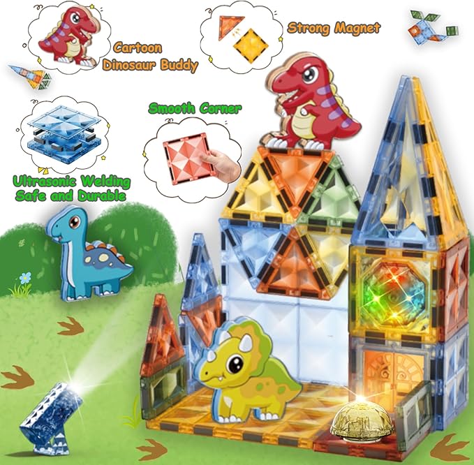 BINZKBB Magnetic Tiles Building Blocks,Lighted 3D Clear Educational STEM Construction Set,Preschool Sensory Magnet Dinosaur Creativity Toys for Kids Age 3 4 5 6 8+ Years Old Girls Boys Toddlers