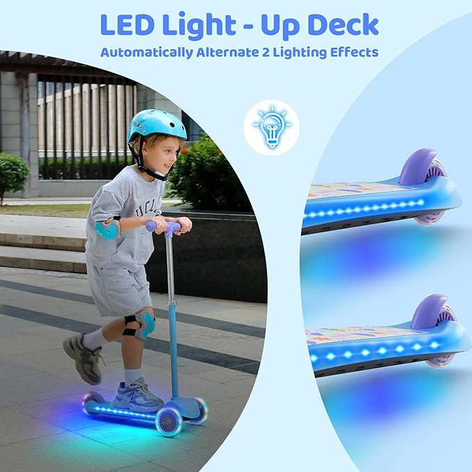 TONBUX Kids Scooter for Ages 3-5, Toddler Scooter with Light-Up Deck and Wheels, Adjustable 4-Level Height 3-Wheel Scooter for Kids, Lean-to-Steer Design