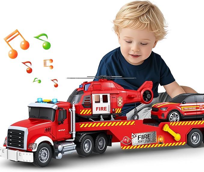 SpringFlower Extra Large Fire Truck Toys for Boys Girls with Racing Car and Helicopter, Lights, Sounds, Semi Truck Vehicle Toy for Toddlers 3 4 5 6 7, Christmas Birthday Gift