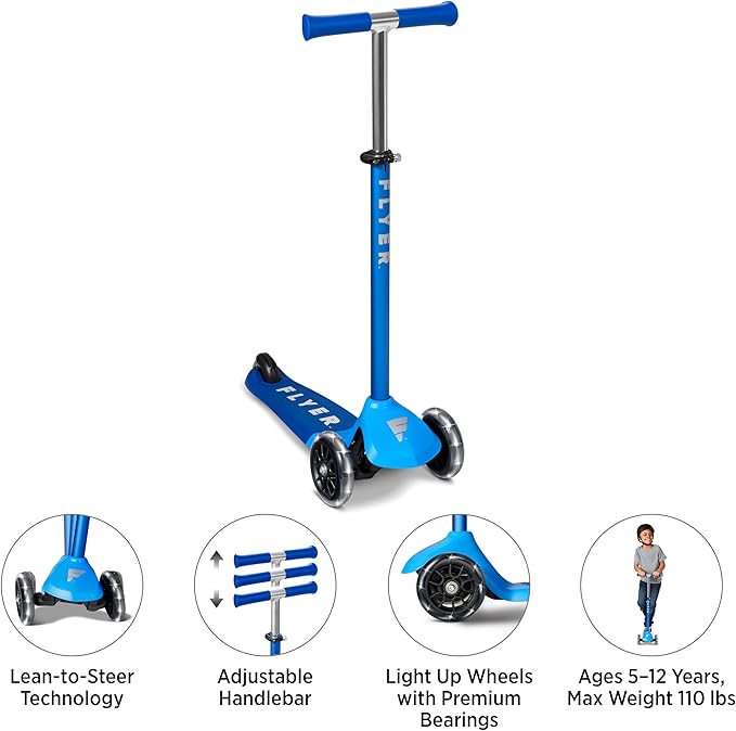 Kids Scooter, 3 Wheel Scooter, Flyer Glider Pro with Light Up Wheels, Blue, Radio Flyer Ride On Toys for Kids 5-12 Years Old, for Outdoor Riding