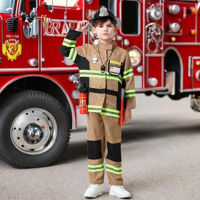 yolsun Fireman Costume for Kids, Boys' and Girls' Firefighter Dress up, Fire Fighter with Toy Accessories Halloween Role Play