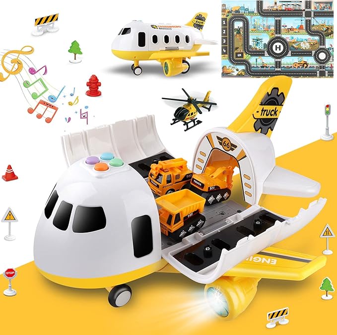 Dwi Dowellin Construction Airplane Toys,Car Toys Set with Light and Sound,Great Birthday Gifts for 3 4 5 6 Years Old Boys (Medium)