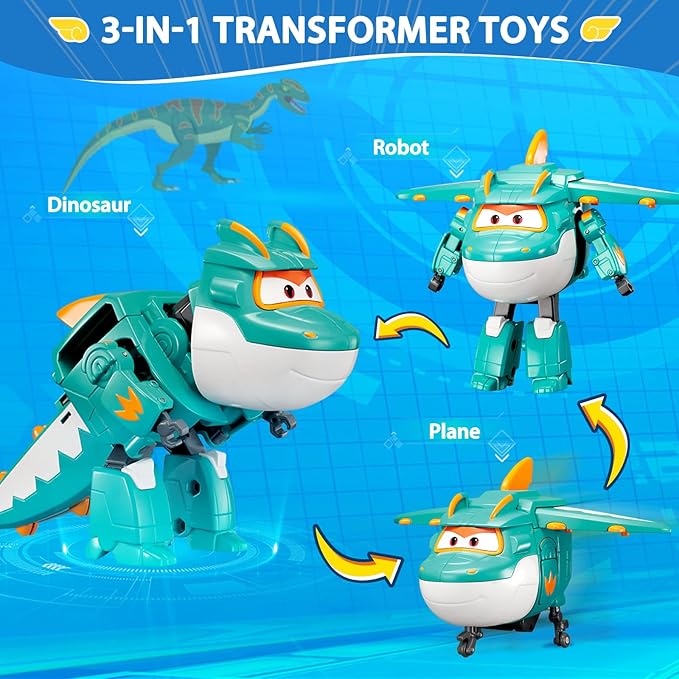 Super Wings 5" Transformable Toys Tino & Mini Tino Pet, 3 in 1 Transforming Dinosaur Airplane Robot, Educational Action Figure for Boys Girls Age 3+, Dinosaur Toy for Preschool Play