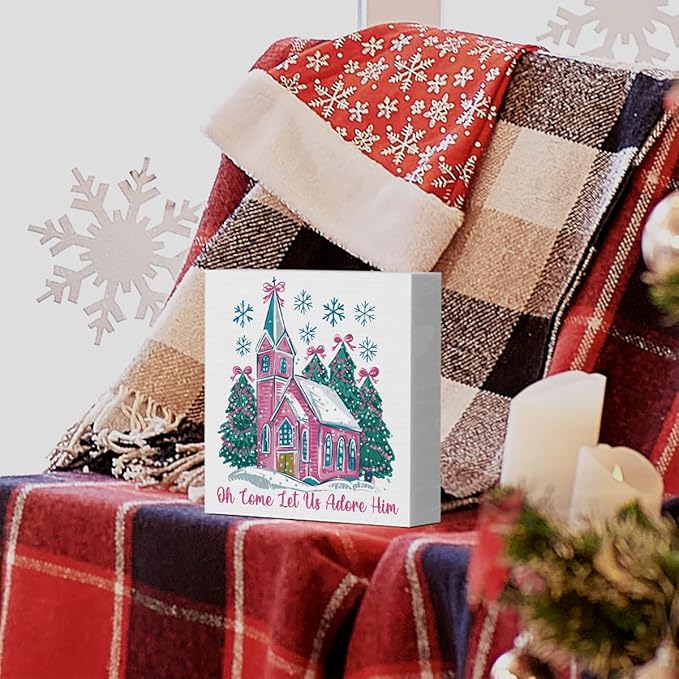 Oh Come Let Us Adore Him Sign, Jesus Christmas Tree Decor, Christian Christmas Decoration for Home Office Desk Table Shelf 5 X 5 inch