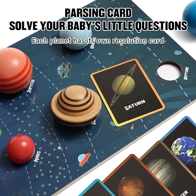 Wooden Solar System Model Board,Kids Solar System with Astronauts ,Montessori Planet Toys,Educational Planets Balls,Preschool Learning Puzzle,Space Knowledge Flash Cards Learning Toys for Kids