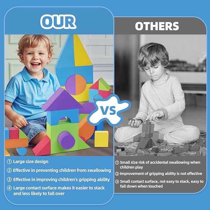 Large Building Foam Blocks for Toddlers, 30 Pieces EVA Stacking Foam Building Blocks Toy Set, Non-Toxic, Washable, Early Learning Construction Toys & Gifts for Kids Boys & Girls