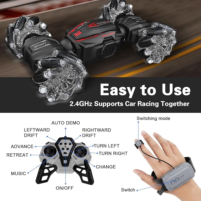 Gesture Sensing RC Stunt Car, Boys Toys Age 6-8 8-13, 4WD Remote Control Car with Rotation, Drift, Transform, Colorful Light, Music, Birthday Gift for Boy Age 5-7 8-13
