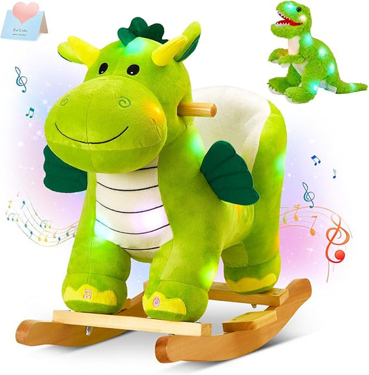 Glow Guards Light Up Musical Dinosaur Baby Rocking Horse Set of 2 with Safety Belt Dinosaur Rocker Baby Rocking Chair for Toddlers 1-3