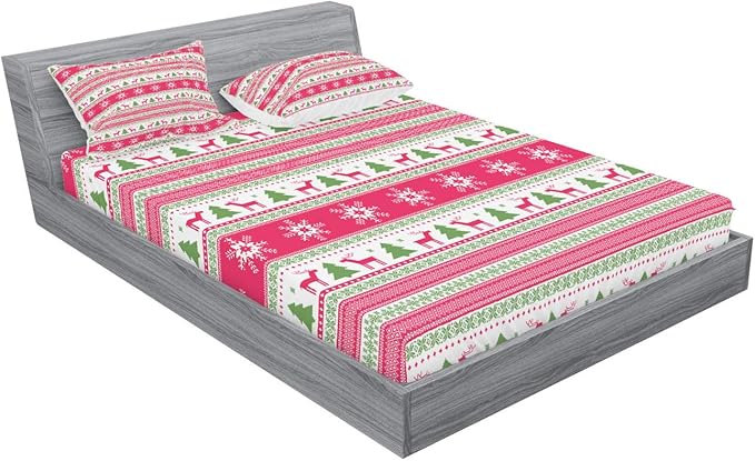 Ambesonne Nordic Fitted Sheet & Pillow Sham Set, Classical Reindeers Snowflakes Trees Christmas Pattern Needlework Design, Decorative Printed 3 Piece Bedding Decor Set, Queen, Pink Lime Green White