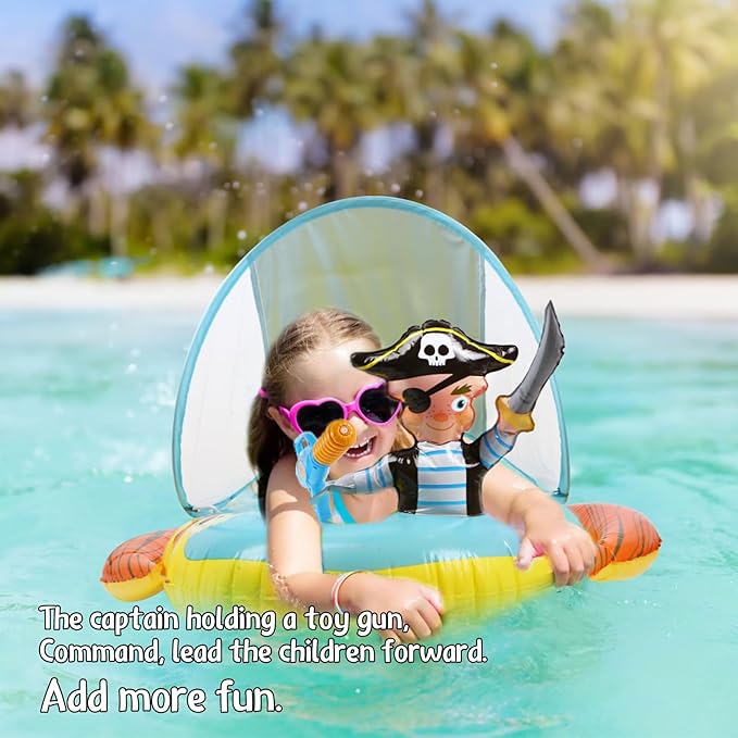 2X Thicken Inflatable Kids Pool Float with UPF 50+ Canopy Detachable,Pirate Ship Floaties with Captain & Water Gun,Swimming Pool Toys for Boys & Girls ,Toddlers ,Babies,Child,Summer Beach Outdoor Play