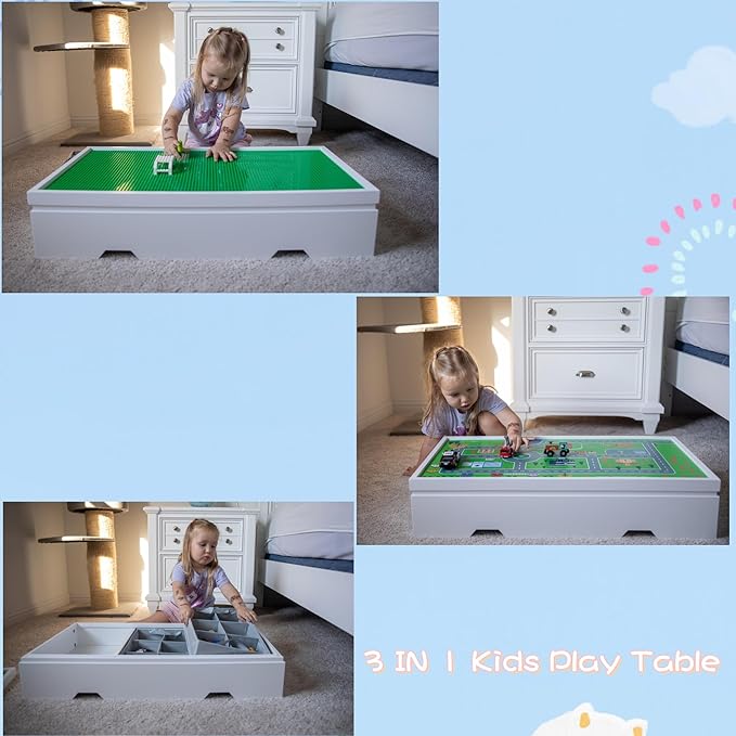 UTEX 3 in 1 Construction Play Table Compatible with Lego, Rolling Kids Activity Train Table with Storage and Wheels, Reversible Top Store Under Beds or Sofas