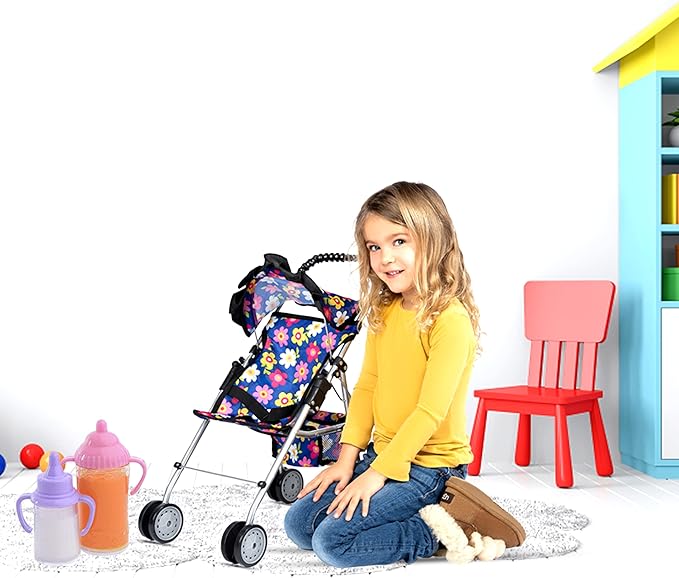 fash n kolor® - Doll Stroller My First Baby Doll Strollers Toy - Flower Design with Basket in The Bottom- Doll Accessories 2 Free Magic Bottles Included - New Year Gift, Boys, Girls