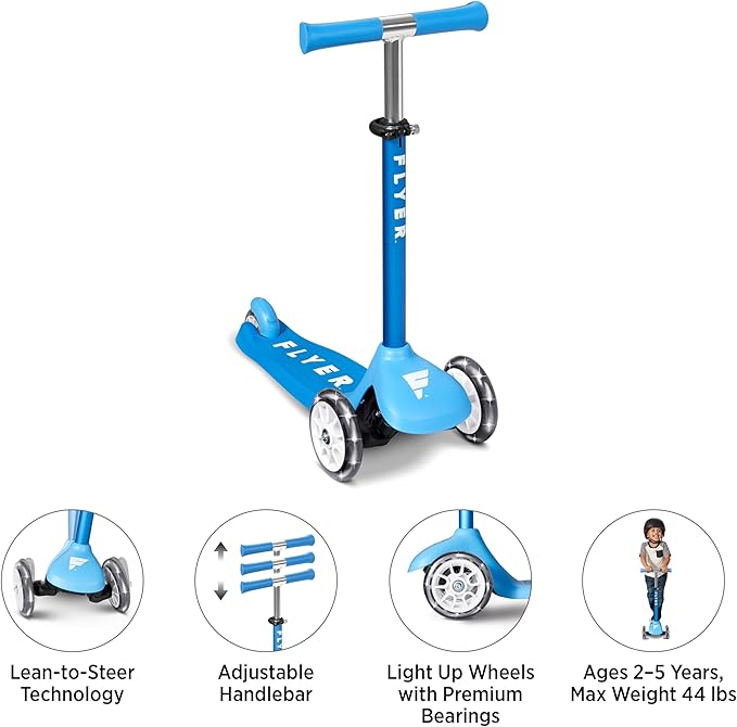 Kids Scooter, Toddler Scooter, Flyer Glider Jr. with Light Up Wheels, Blue, Radio Flyer Ride On Toys for Kids 2-5 Years Old, for Outdoor Riding