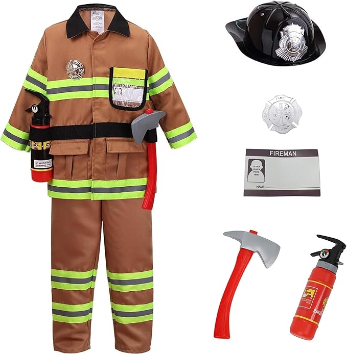 yolsun Fireman Costume for Kids, Boys' and Girls' Firefighter Dress up, Fire Fighter with Toy Accessories Halloween Role Play