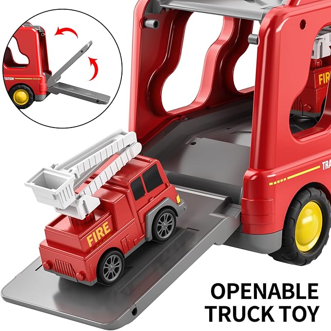 TEMI Fire Trucks Boy Toys for Toddlers 3-5 Year Old - Firetruck Toys for Kids 3 4 5 6 7, Transport Vehicle Carrier Set, Birthdays Gifts for Kids Girls Aged 4-6