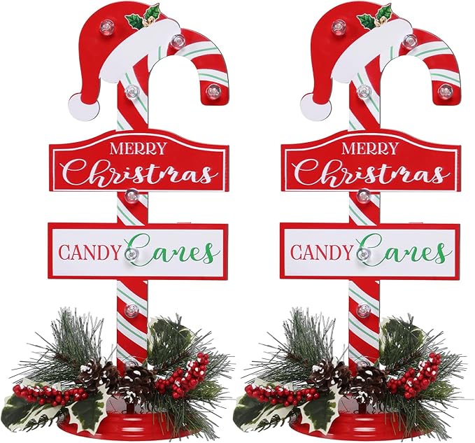 Metal Merry Christmas Sign with LED Light Battery Operated with Timer Christmas Signs with Base Xmas Holiday Decorations table Indoor Display Decor Candy Cane Small