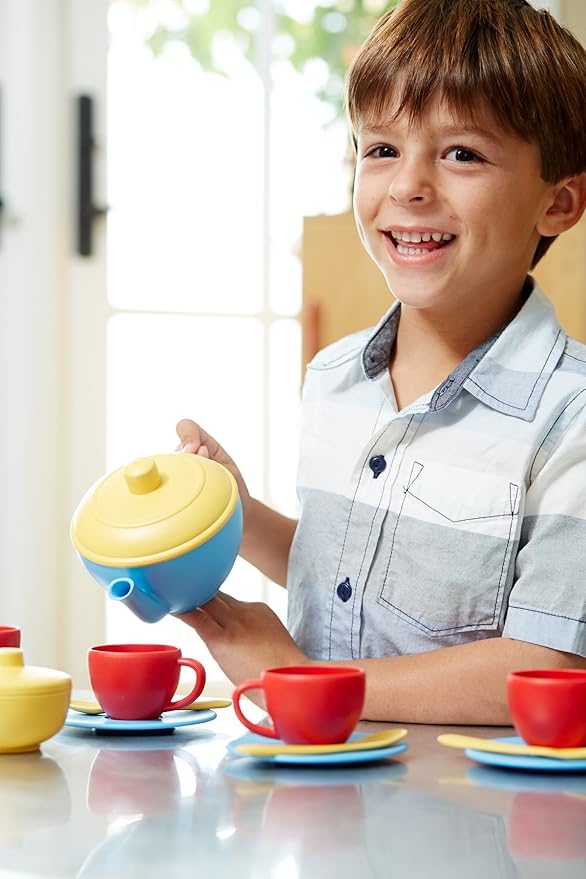 Green Toys Tea Set, Blue/Red/Yellow - 17 Piece Pretend Play, Motor Skills, Language & Communication Kids Role Play Toy. No BPA, phthalates, PVC. Dishwasher Safe, Recycled Plastic, Made in USA.