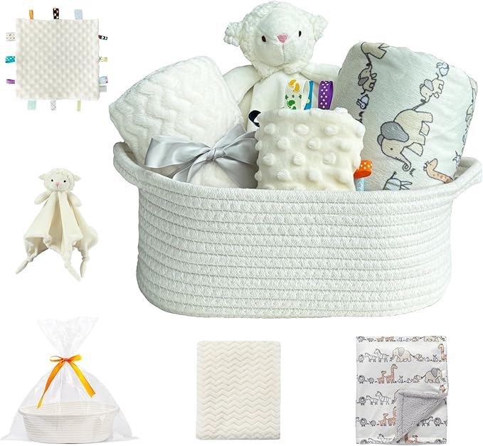 CREVENT Baby Welcome Gift Set Storage Basket with Two Blankets+ A Security Blanket + A Taggie + A Gift Bag with Ribbon (Ivory)