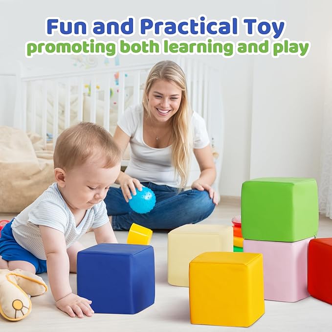 Foam Building Toys for Toddlers: 6Pcs Waterproof PU Leather Soft Foam Blocks - Colorful Large Stacking Blocks - Early Learning Construction Play Set for Kids Indoor Birthday Gift Preschool (Rainbow)