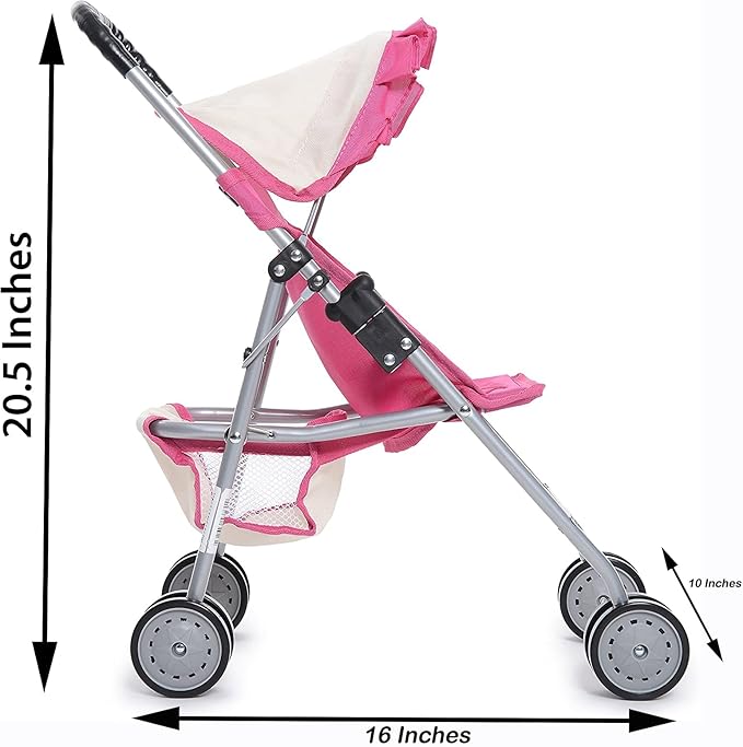 fash n kolor My First Doll Stroller with Basket - Pink Off-White Foldable Doll Stroller - Fits Upto 18" Dolls, 2 Free Magic Bottles Included