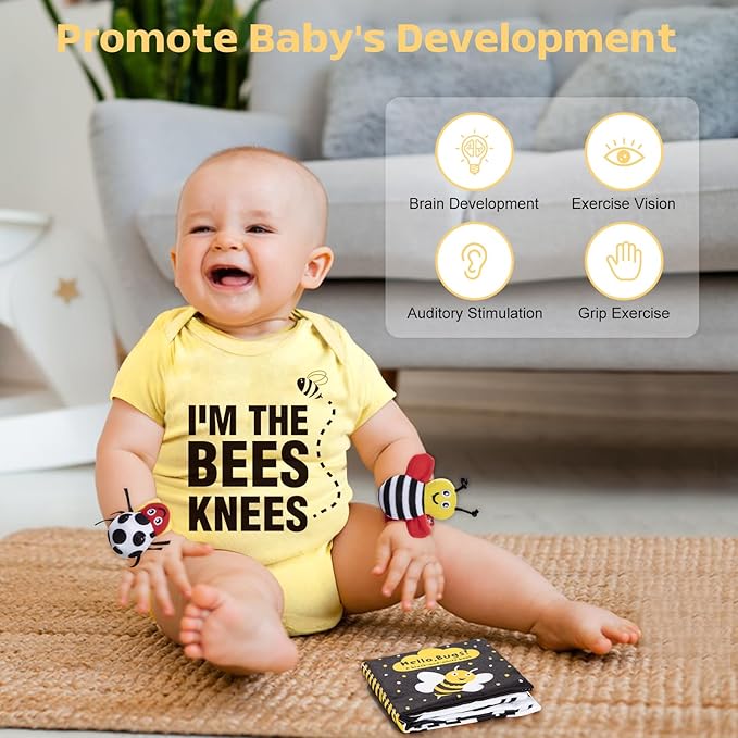 Baby Gift Set for Newborn, Bee Basket, High Contrast Baby Book Toys 0-6 Months Infant Rattle Socks Blanket Hat Onesie Baby Gifts Essentials for Girls Boys