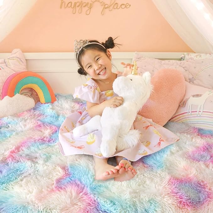 Ompaa Soft Fluffy Rainbow Kids Rug for Girls Bedroom Carpets, 4x6 Feet, Pastel Unicorn Room Decor, Kawaii Tie Dye Rugs for Teens Dorm Aesthetic, Shaggy Nursery Area Rug for Baby Toddler Princess Room