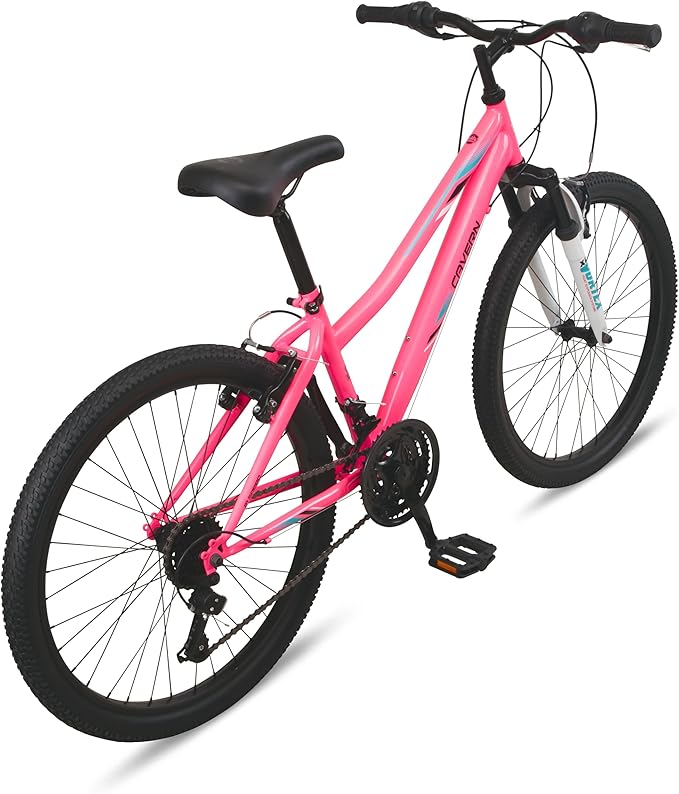 Cavern Mountain Bike for Youth or Adult Boys Girls, 7 or 21-Speed Twist Shifter Options, 20/24/26-Inch Wheels, 11 to 17.5-Inch Steel Frame, Front Suspension, Kickstand Included