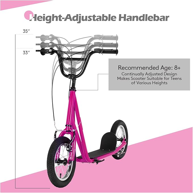 Goplus Youth Kick Scooter, Kids Kick Scooter W/ 12-Inch Air Filled Wheels, Carbon Steel Frame, Adjustable Handlebar, Front and Rear Dual Brakes, Ride On Toys for Adults Teens 8+