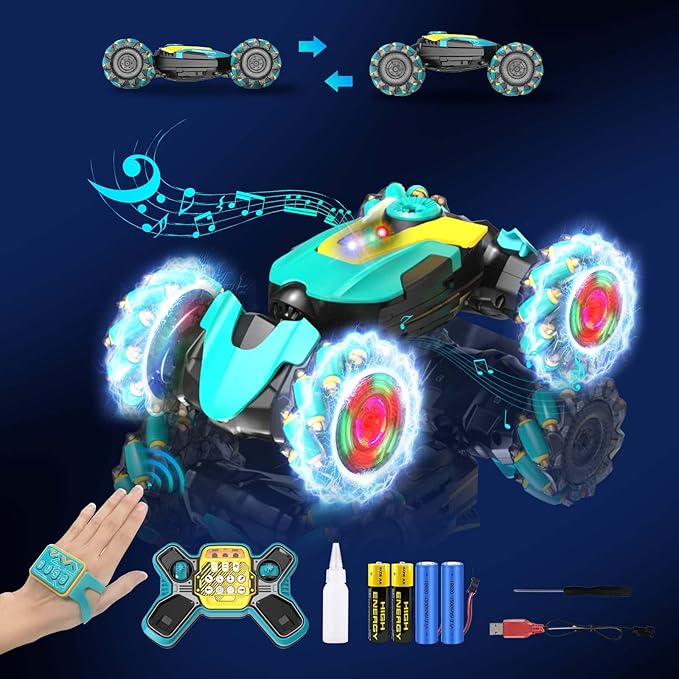 Gesture RC Car, 2.4GHz 4WD Gesture Sensing RC Stunt Car Toys for Aged 6-8-12 Boys Girls, Drift Hand Controlled Remote Control Twist Cars Off Road 360° Rotation with Lights Music