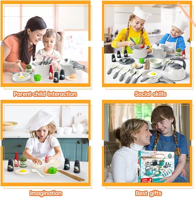 Bruvoalon 32Pcs Kids Play Kitchen Toys Set, Toddlers Pretend Cooking Playset Acccessories with Pots Pans, Utensils Cookware, Foods, Canned Veges, Learning Gift for Kids Girls Boys (White)