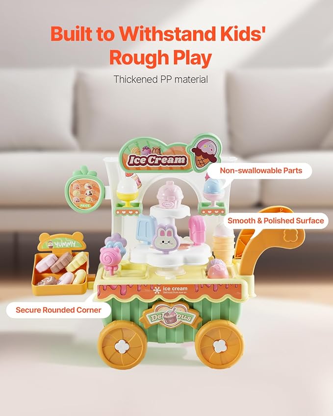 VEVOR Ice Cream Cart for Kids, 27 PCS Accessories, Pretend Play Store with Storage Trolley with Pretend Money, Sound & Light Effects, Montessori Educational Ice Cream Truck Toys for Toddlers 3+