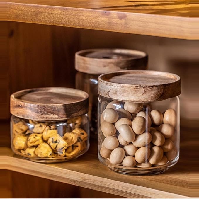 Glass jar candy Containers - 16oz kitchen Glass Airtight Storage jar With Acacia Airtight Lid,for kitchen Seasoning, coffee bean, tea, suger, herbs (4)