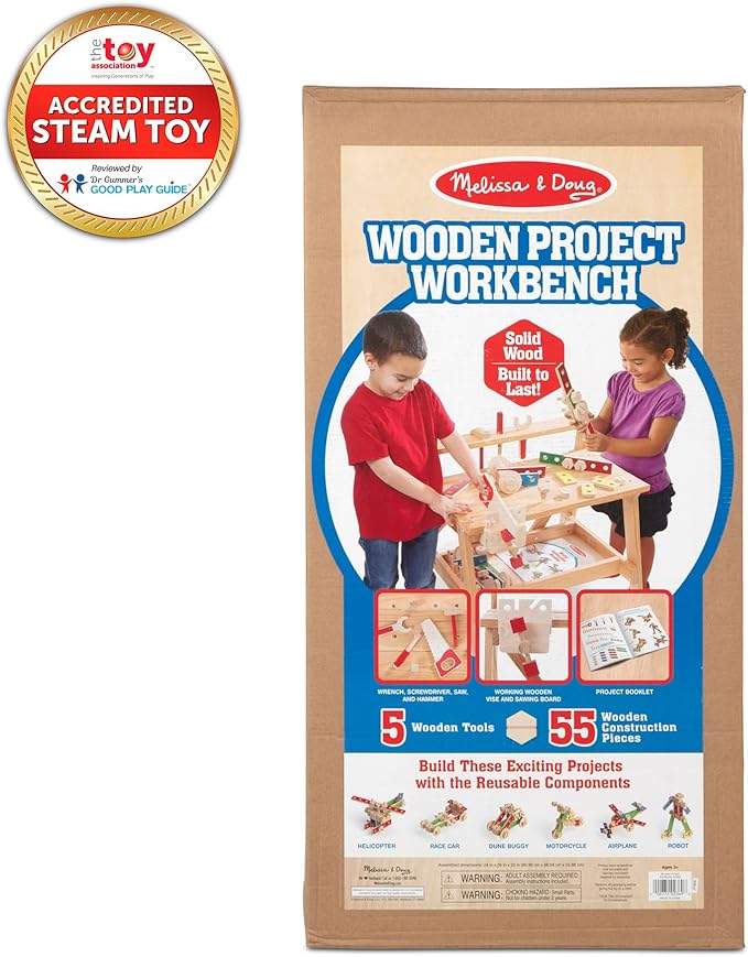 Melissa & Doug Solid Wood Project Workbench Play Building Set - STEAM Toy, Wooden Kids Work Bench, Toy Tool Bench