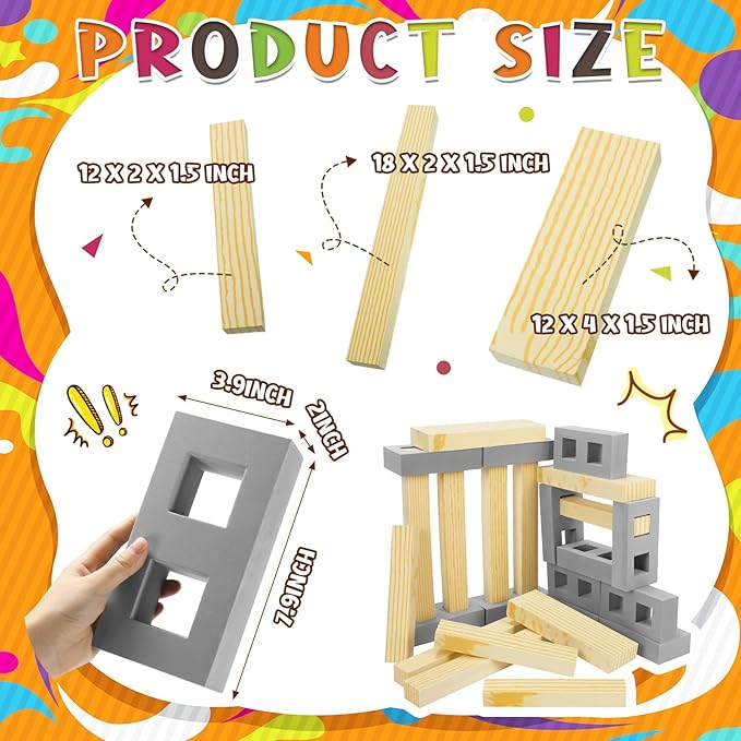 Leyndo 24 Pcs Foam Wooden Beam Soft Foam Brick Building Blocks Unit Fake Brick Building Blocks Giant Stacking Sets for Kids Toddler Construction(Assorted Sizes,Gray Color)