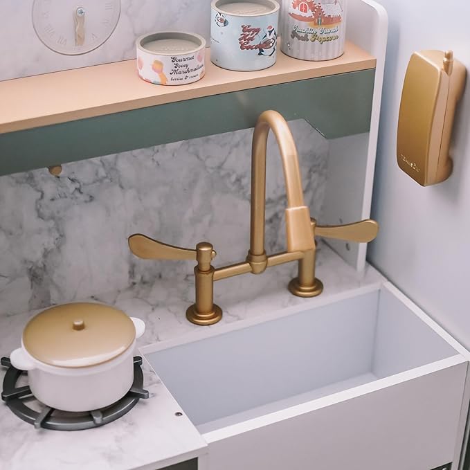 Teamson Kids Versailles Wooden Deluxe Play Kitchen Set Plus Refrigerator with Ice Dispenser and 15 Cookware Accessories, Olive Green