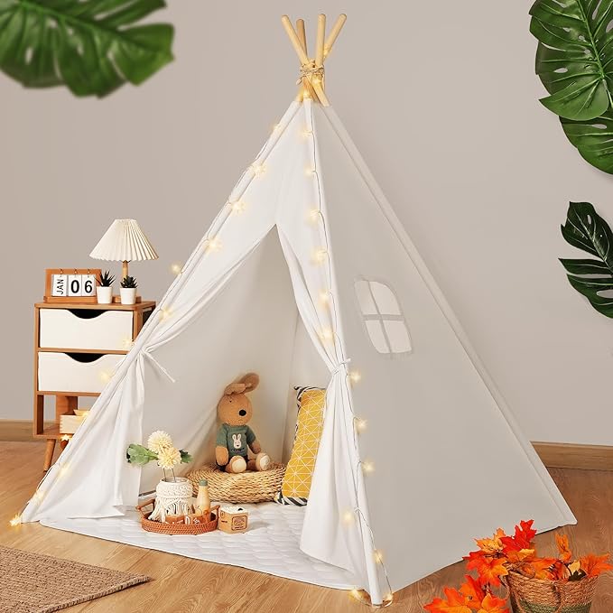 Sumbababy Teepee Tent for Kids Tent Indoor with Mat - 100% Cotton White Toddler Tee Pee Tents Play House- Collapsible Tents for Slumber Party - Washable Tipi Boho Bedroom Gift Toys for Girls & Boys