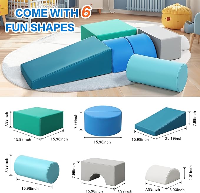 Kids Climbing Toys Foam Blocks: 6PCS PU Leather Foam Climbing Blocks for Toddlers - Soft Play Set Indoor Play Gym - Crawling Activity Play Structure for Preschoolers Playtime Corner Climber (Modern)