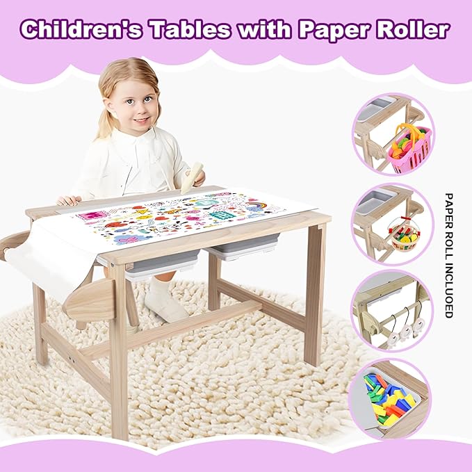 Kids Sensory Bins Table with 2 Stool, Multifunctional Children Interactive Activity Wooden Table Set for 1-3 Years, Drawing Table Play Sand & Water Table with Storage Bins Lid