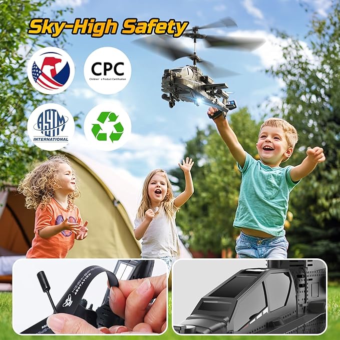 DEERC Apache RC Helicopter for Kids & Adults, Military Remote Control Helicopter Toy with LED Lights, 2 Batteries & USB-C Charging, 26 Mins Flight, Altitude Hold, Gift for Boys Ages 8-12