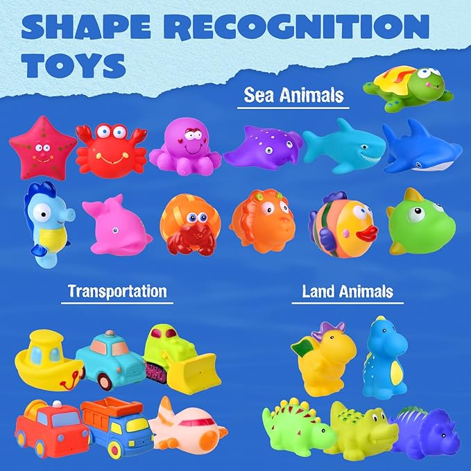 FUN LITTLE TOYS 24 Pcs Bath Toys for Toddlers, Sea Animals & Cars Squirter Water Toys,Bathtub Toys with Storage Bag, Baby Bath Toys, Toddler Pool Toys for Kids Party Favors Age1-3