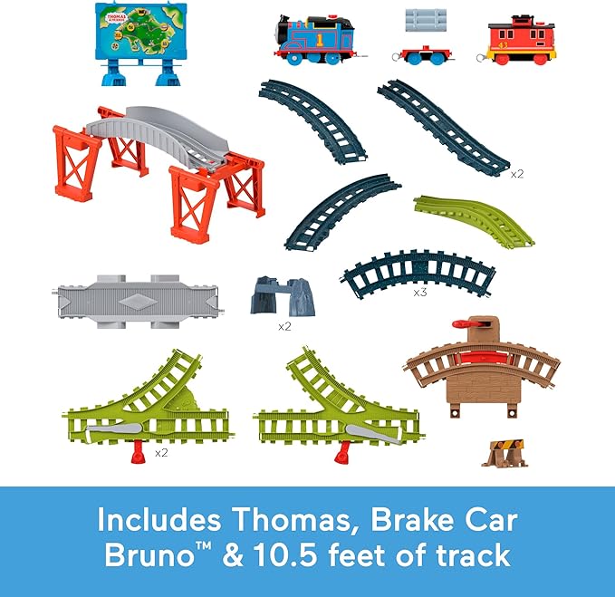 Thomas & Friends Toy Train Set Talking Thomas & Brake Car Bruno Track Playset with Phrases & Sounds for Preschool Kids Ages 3+ Years