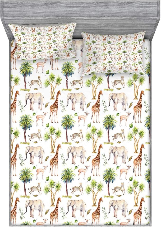 Ambesonne Watercolor Elephant Fitted Sheet & Pillow Sham Set, Wild Animals Giraffe Cheetah Antelope Savannah Palm Trees Tropic, Decorative Printed 3 Piece Bedding Decor Set, Queen, Green Pale Brown